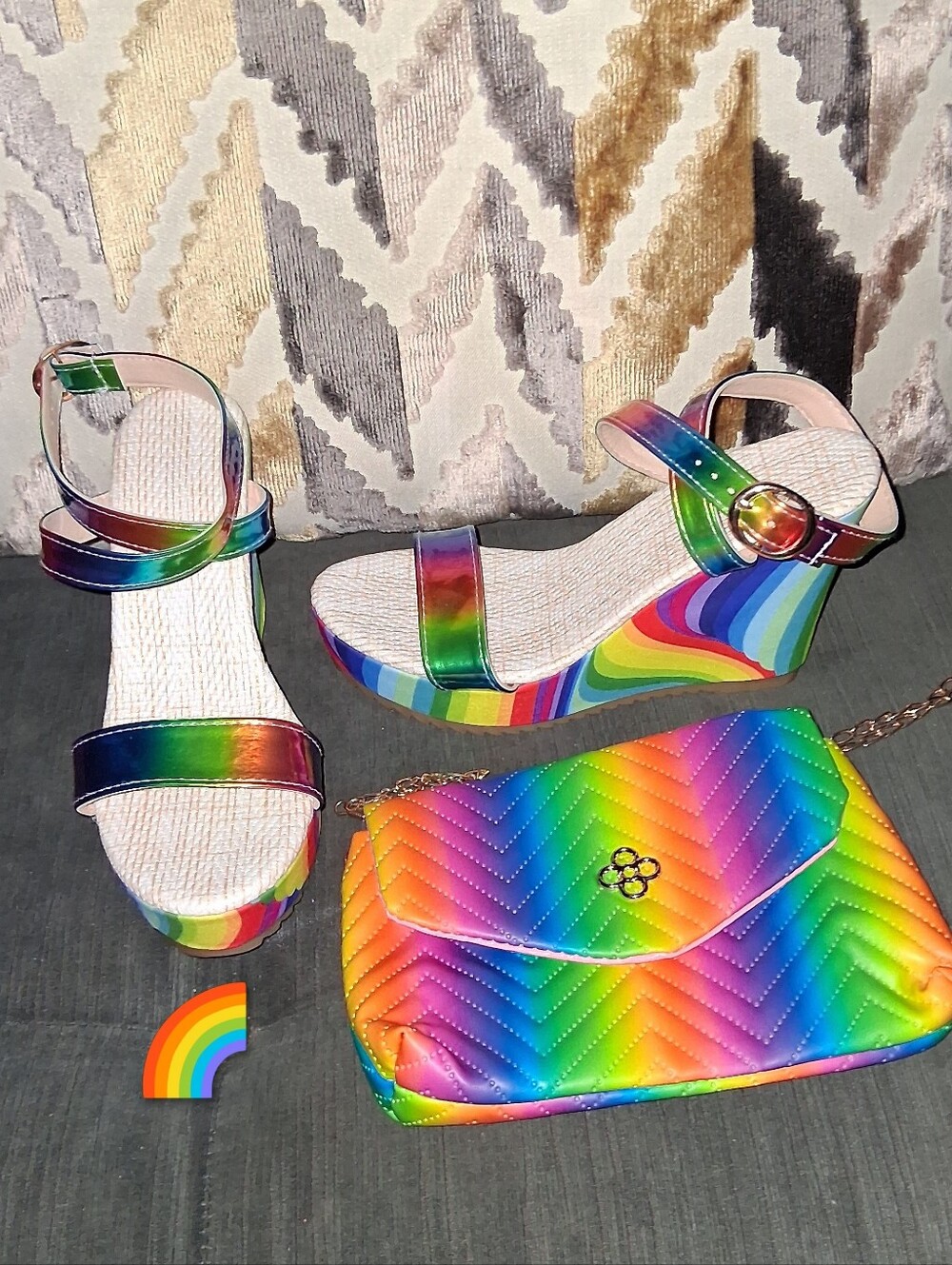 Rainbow Wedge Sandals with Matching Rainbow Crossbody Bag